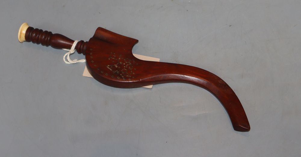 A 19th century mahogany and bone knitting sheath, A E 1858 in pique work, length 24.5cm